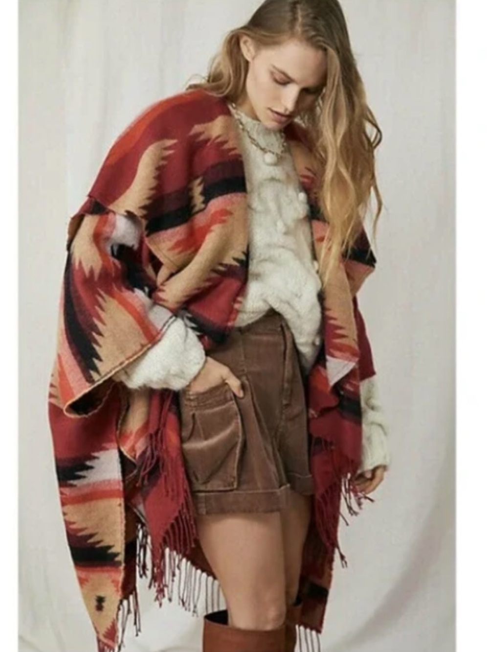 Free People Crossroads Oversized Aztec Print Poncho Wrap One Size